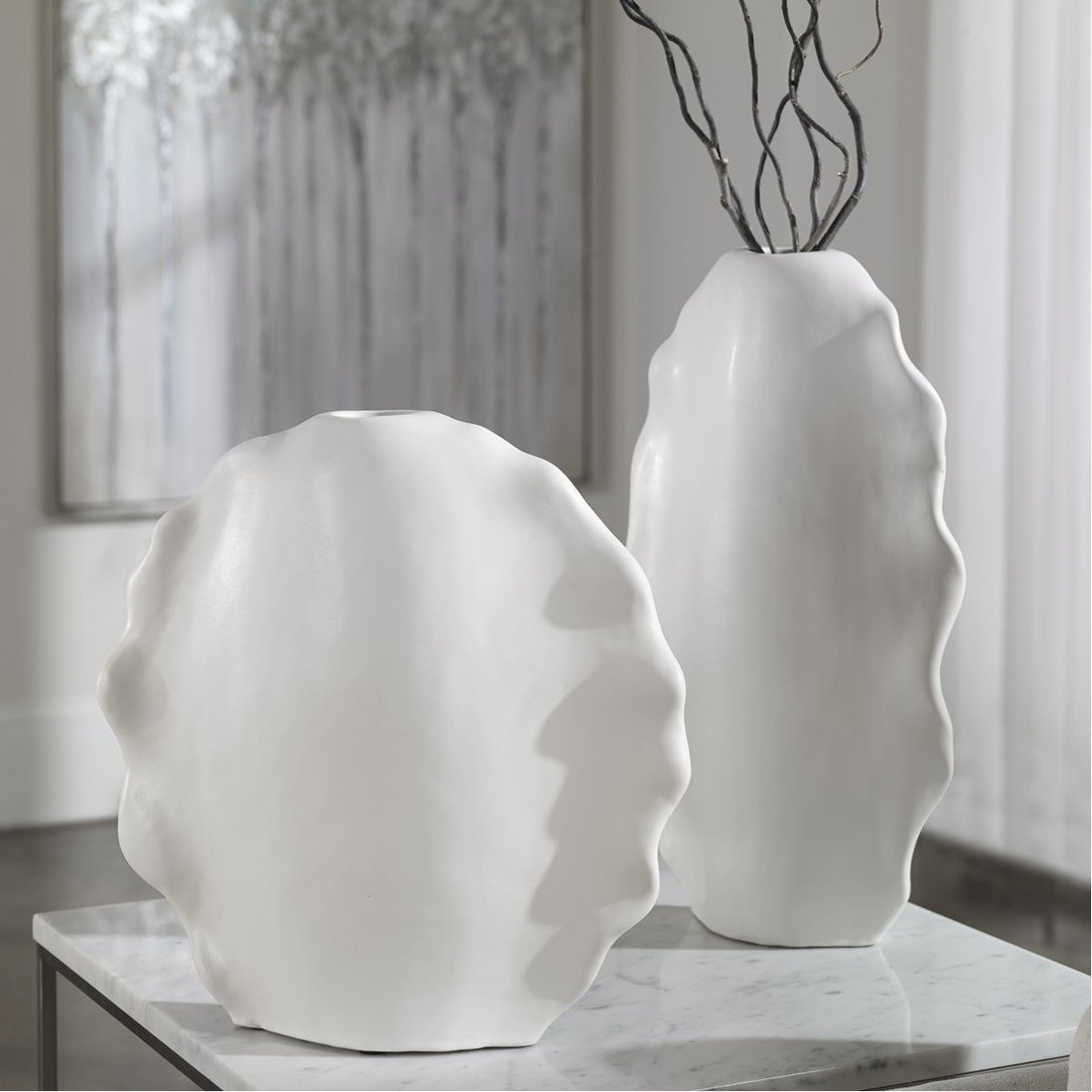 Uttermost Ruffled Feathers Modern White Vases, 2-Piece Set