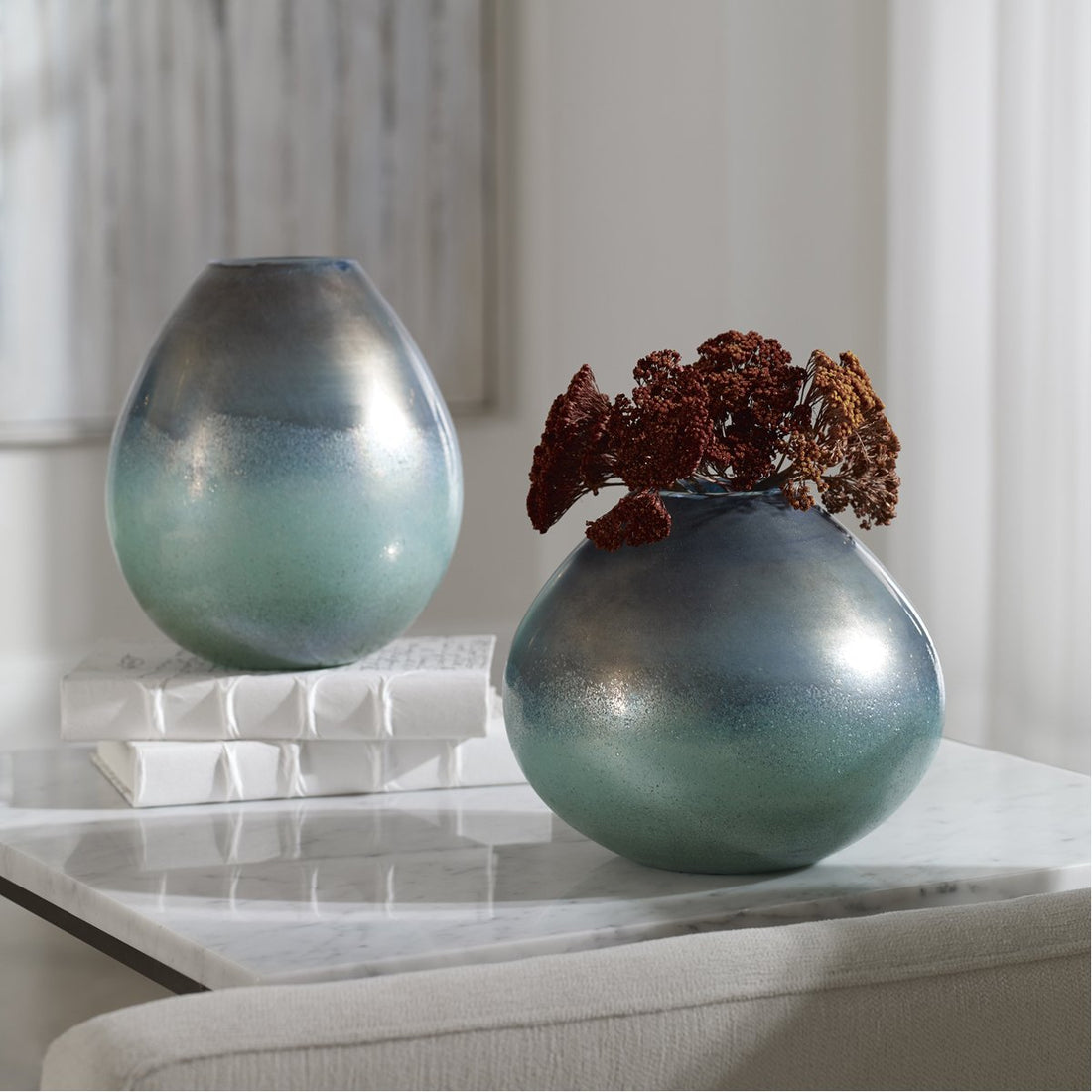 Uttermost Rian Aqua Bronze Vases, 2-Piece Set