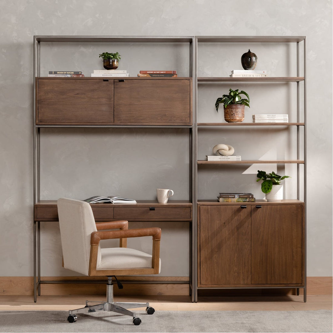 Four Hands Fulton Trey Modular Wall Desk with 1 Bookcase