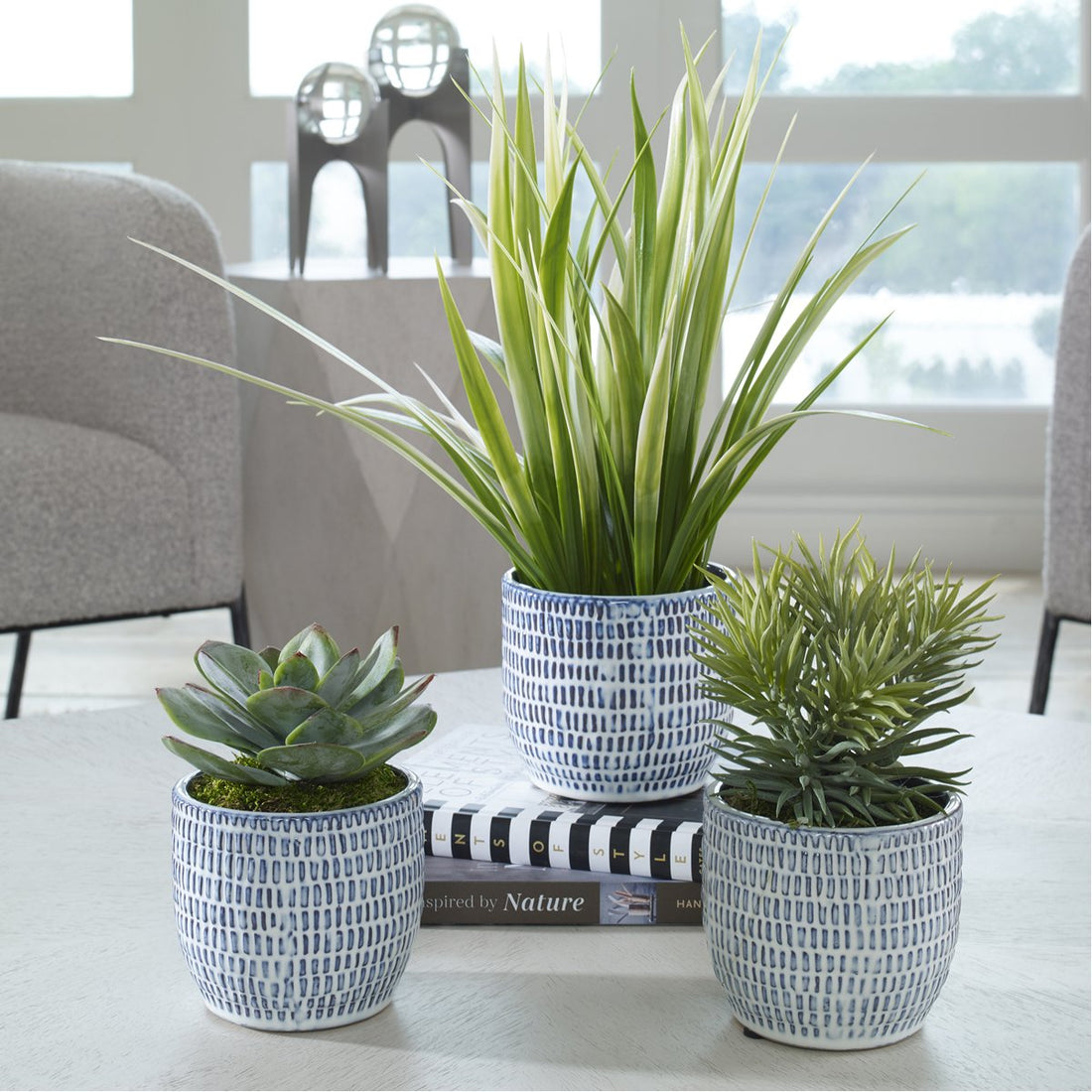 Uttermost Puebla Greenery in Blue & White Pots, 3-Piece Set