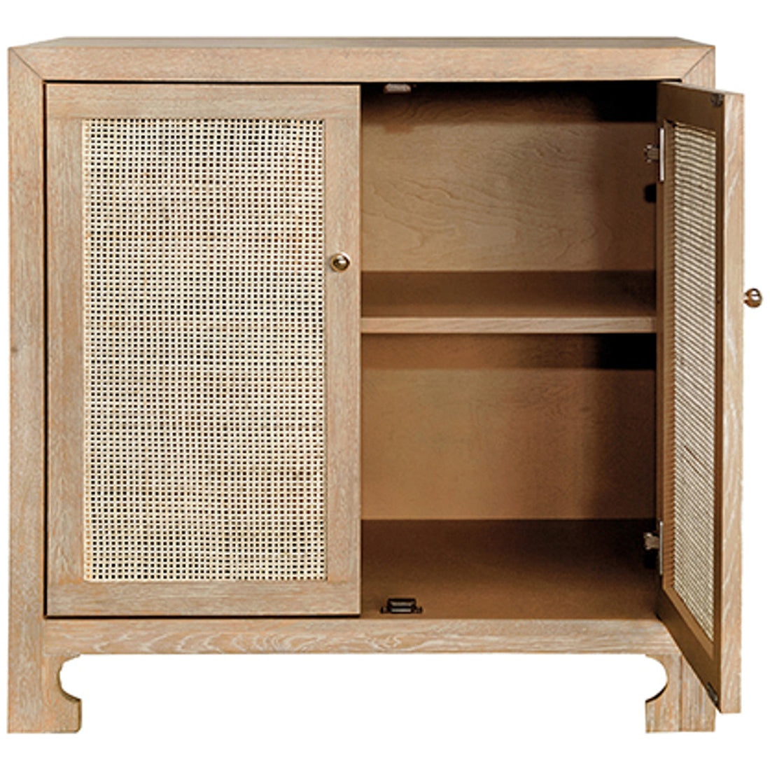 Worlds Away 2-Door Cane Cabinet with Brass Hardware in Cerused Oak