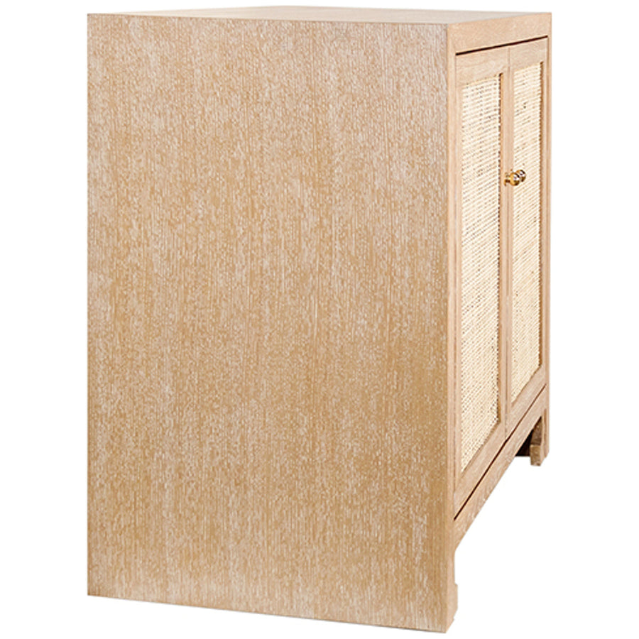 Worlds Away 2-Door Cane Cabinet with Brass Hardware in Cerused Oak