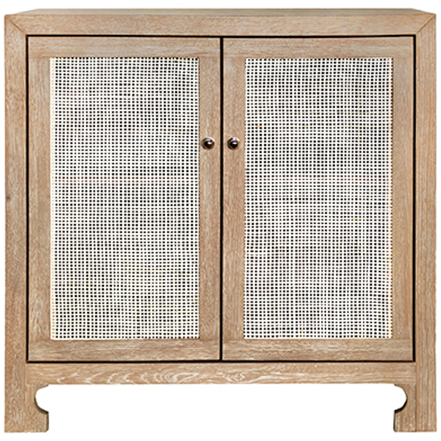 Worlds Away 2-Door Cane Cabinet with Brass Hardware in Cerused Oak