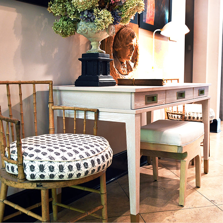 Worlds Away Rectangular Stool with White Linen Cushion in Cerused Oak