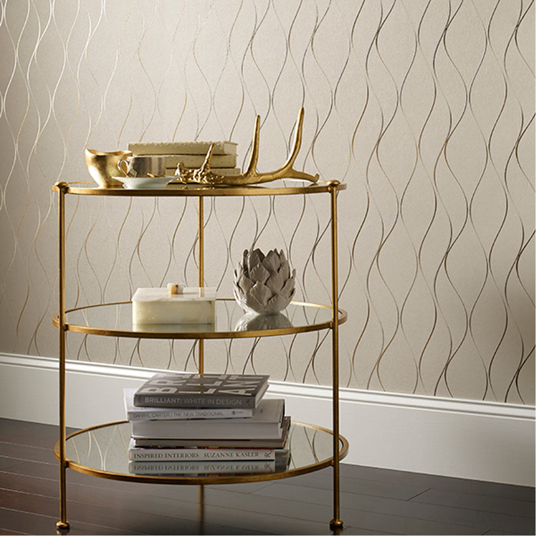 Worlds Away 3-Tier Gold Leaf Table with Mirror Shelves