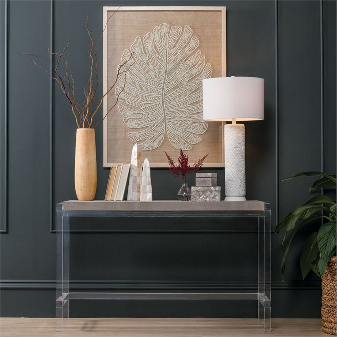 Made Goods Cassian Acrylic Console Table with Silver Mop Shell Top