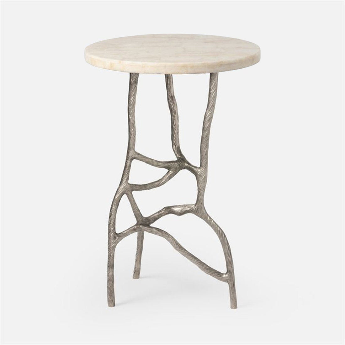 Made Goods Genevier Brass Tripod Base Side Table in Stone