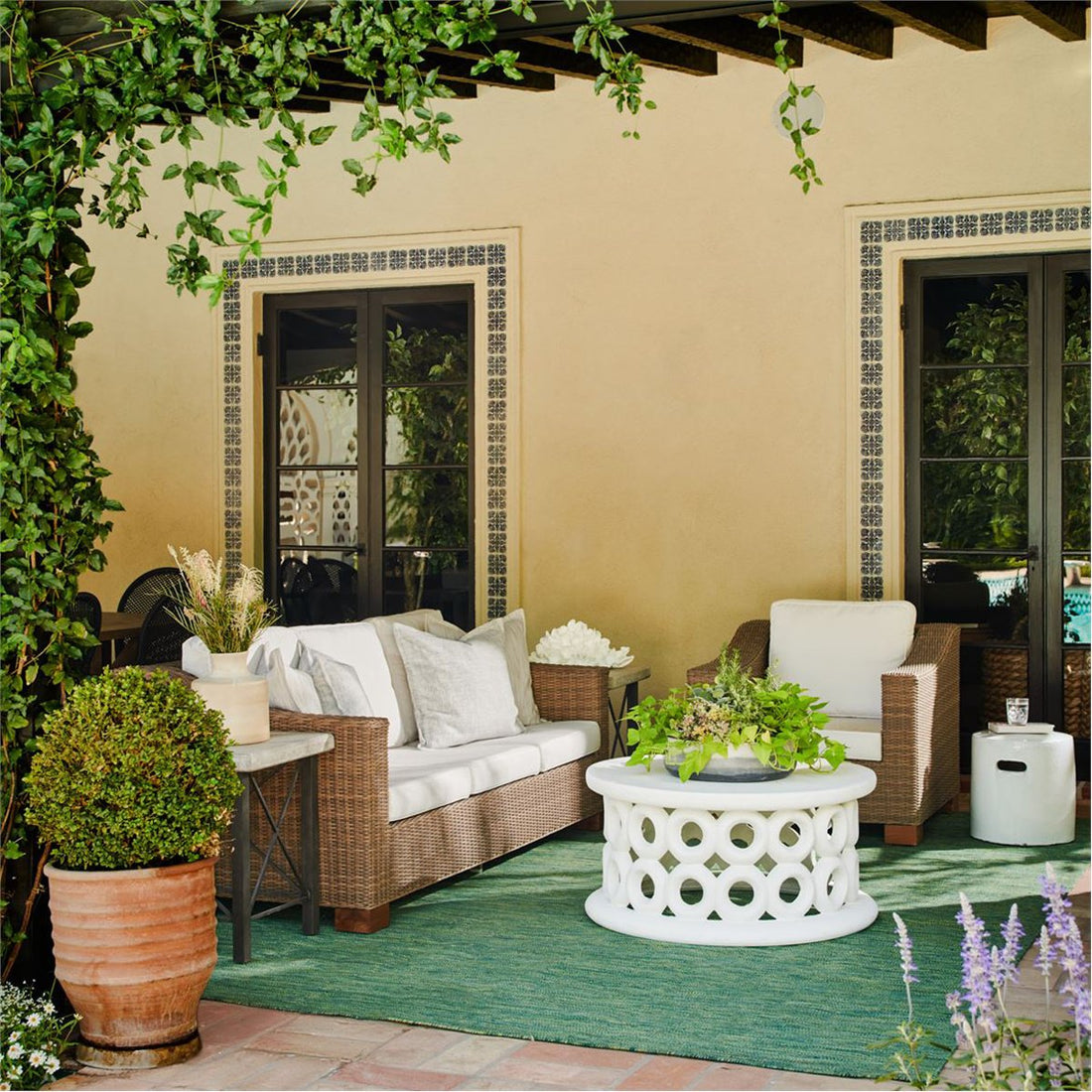 Made Goods Marina Faux Wicker Outdoor Sofa in Garonne Leather