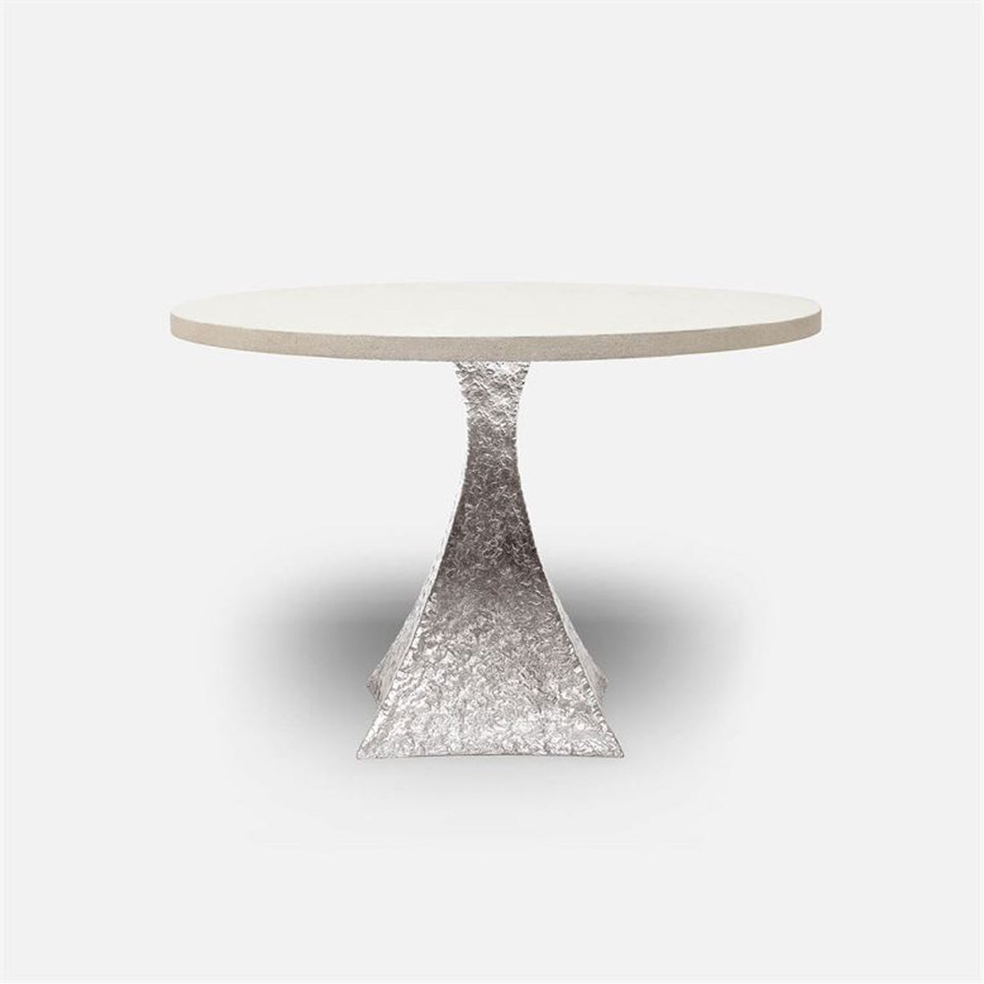 Made Goods Noor Round Metal Dining Table in White Faux Belgian Linen