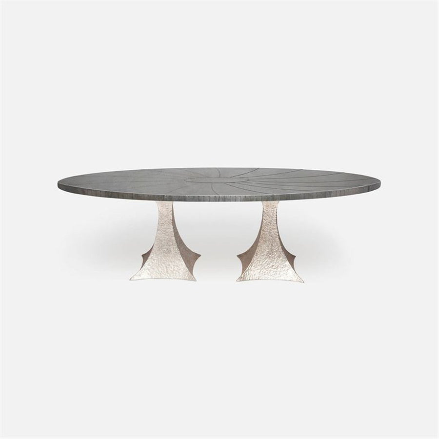 Made Goods Noor Oval Double Base Dining Table in Zinc Metal