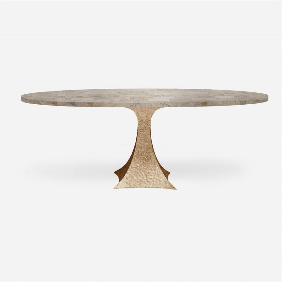 Made Goods Noor Oval Single Base Dining Table in Warm Gray Marble