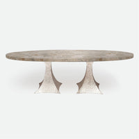 Made Goods Noor Oval Double Base Dining Table in Warm Gray Marble