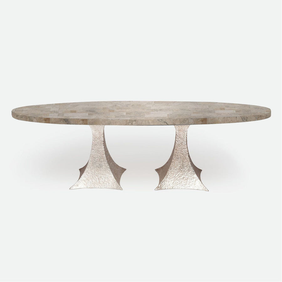 Made Goods Noor Oval Double Base Dining Table in Warm Gray Marble