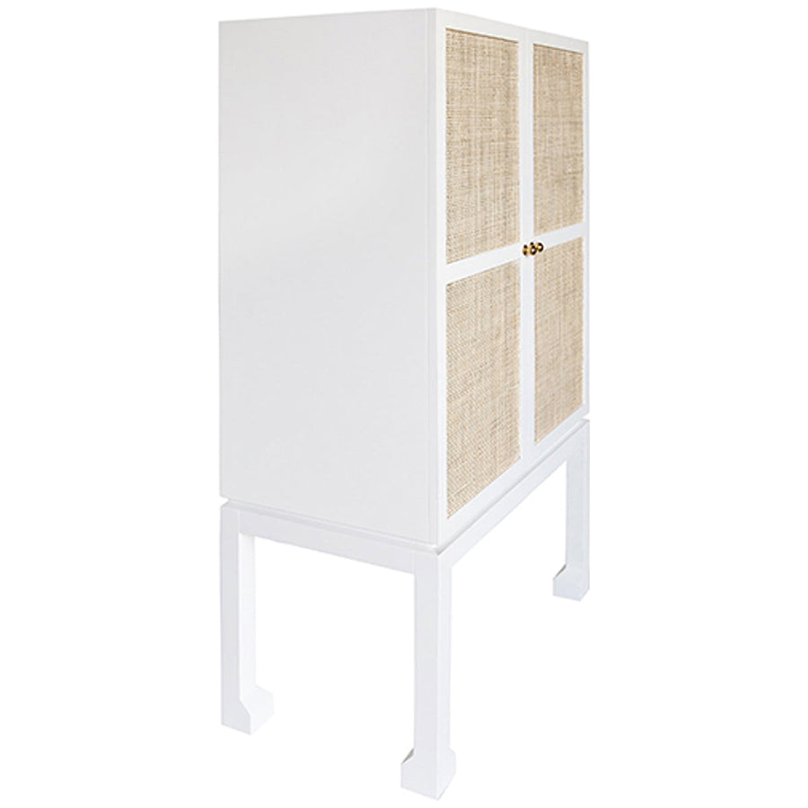 Worlds Away Bar Cabinet in Matte White with Natural Cane Doors