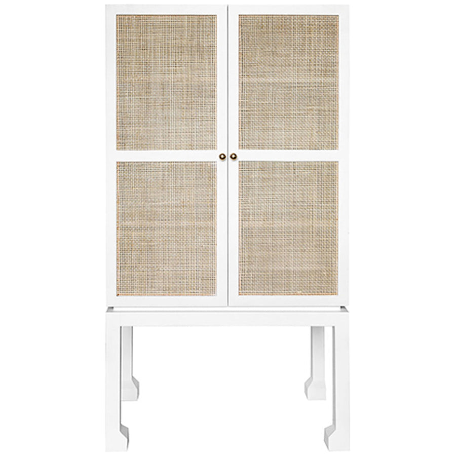 Worlds Away Bar Cabinet in Matte White with Natural Cane Doors