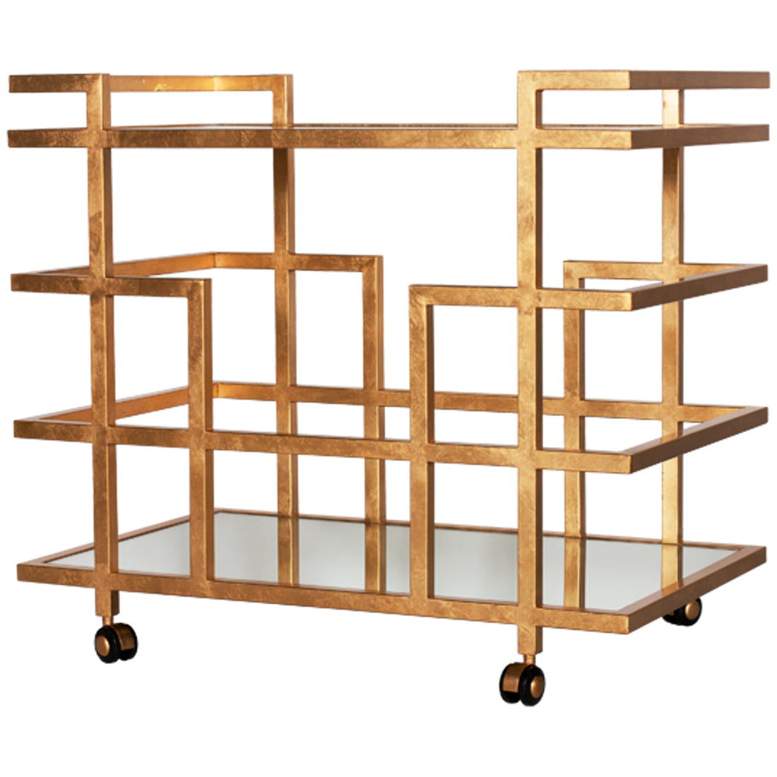 Worlds Away Gold Leaf Linear Bar Cart with Mirror Shelves