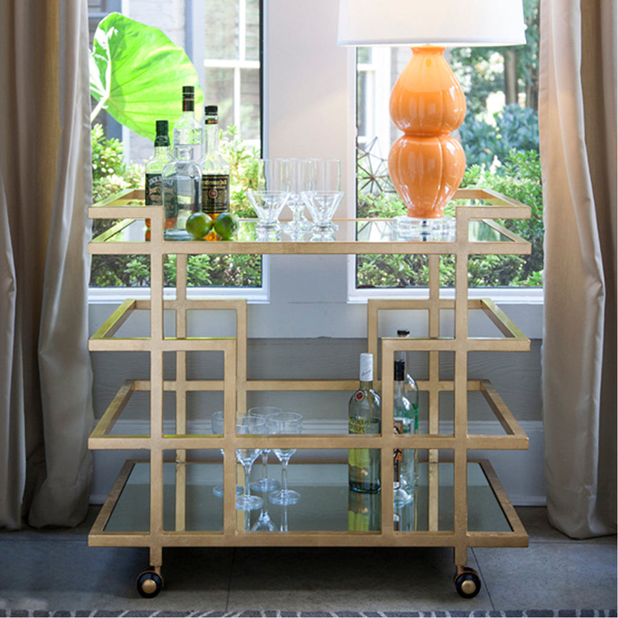 Worlds Away Gold Leaf Linear Bar Cart with Mirror Shelves