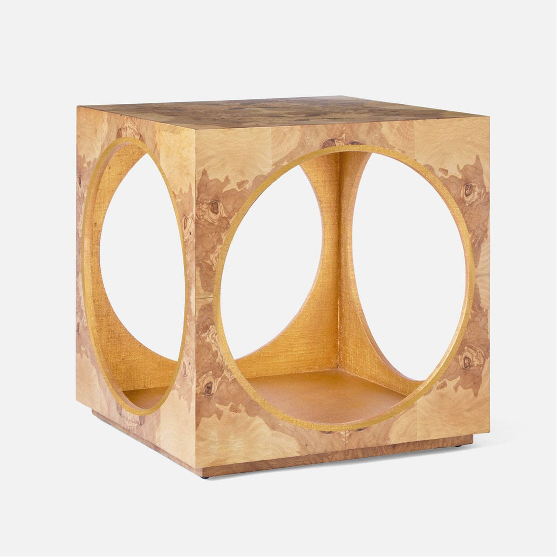 Made Goods Benning Burl Wood Cube Side Table with Circular Cut-outs