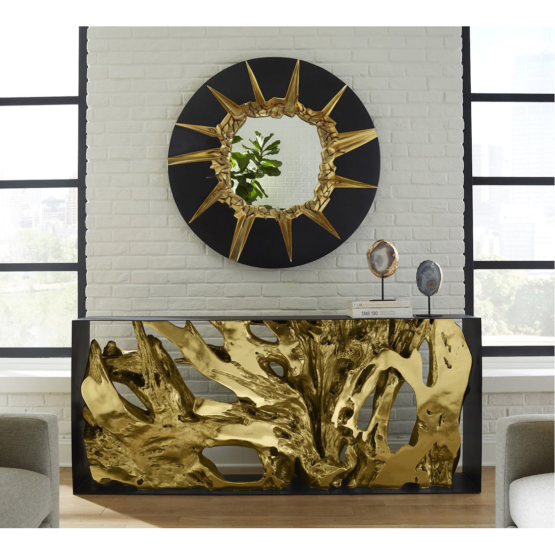 Phillips Collection Circular Cracked Black and Gold Mirror