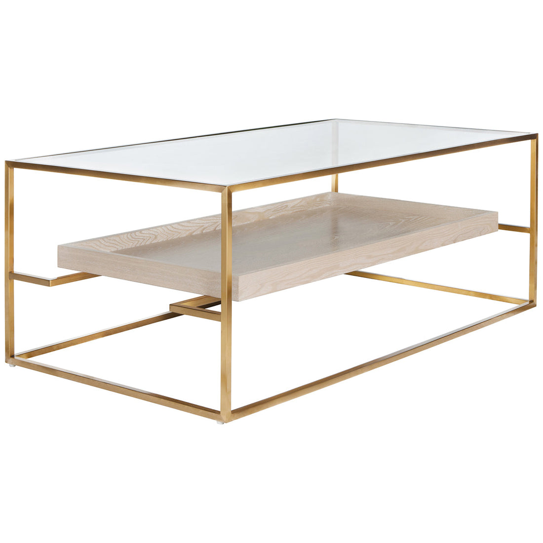 Worlds Away Glass Top Antique Brass Coffee Table with Floating Shelf