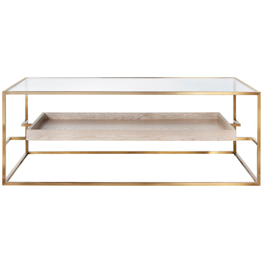 Worlds Away Glass Top Antique Brass Coffee Table with Floating Shelf