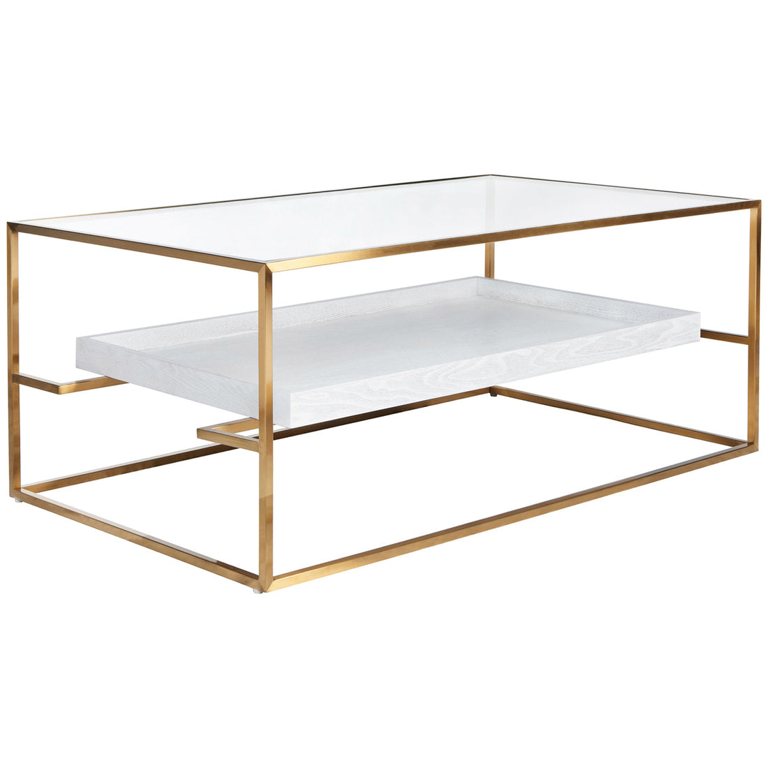 Worlds Away Glass Top Antique Brass Coffee Table with Floating Shelf