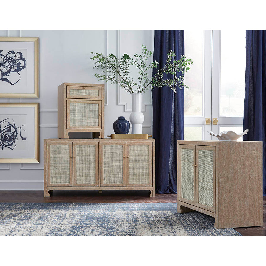 Worlds Away 4-Door Cane Cabinet with Brass Hardware in Cerused Oak