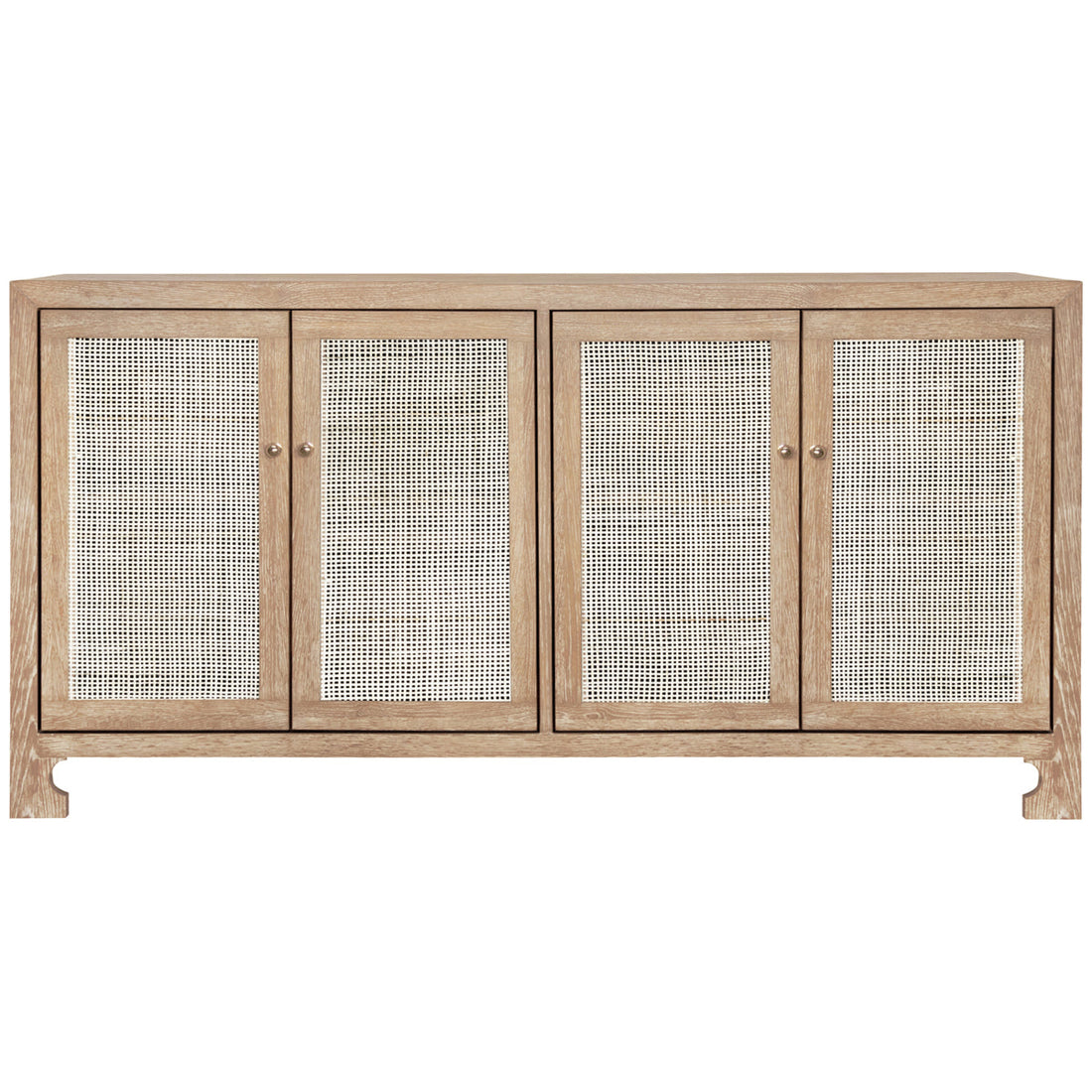 Worlds Away 4-Door Cane Cabinet with Brass Hardware in Cerused Oak