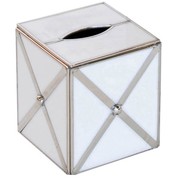 Worlds Away Kleenex Box White Glass with Silver Crosshatch