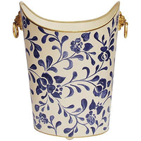 Worlds Away Oval Wastebasket with Lion Handles in Navy Vine