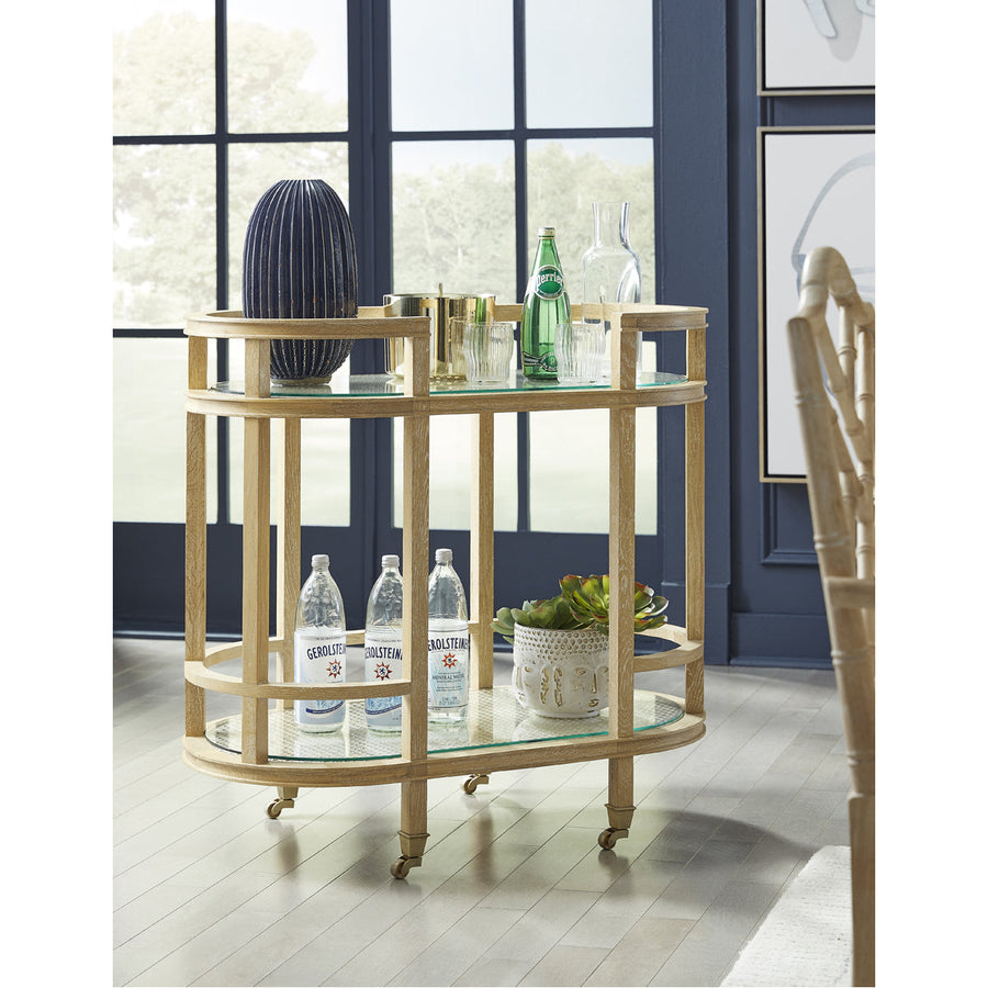 Worlds Away Oval Bar Cart with 2-Natural Cane Shelves