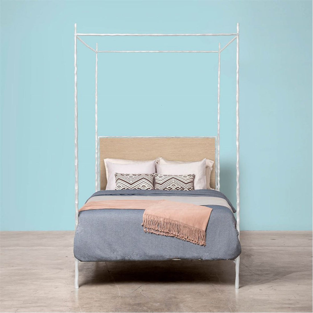 Made Goods Brennan Short Textured Iron Canopy Bed in Beige Crystal Stone