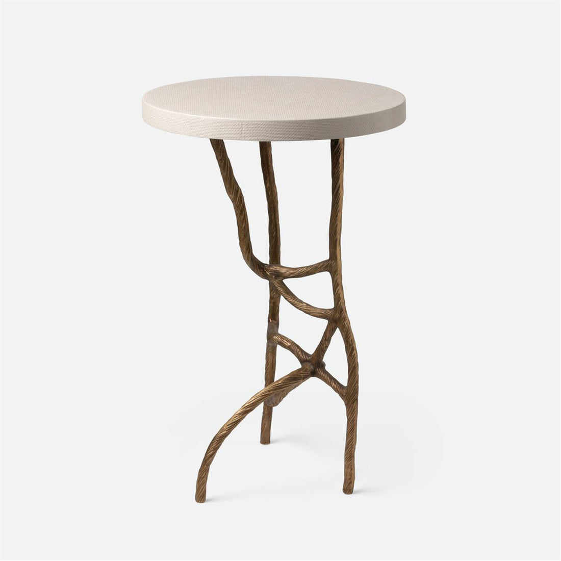 Made Goods Genevier Brass Tripod Base Side Table in Faux Canvas